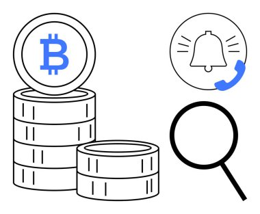 Bitcoin yığını, büyüteç, uyarı zili ve ikonu ara. Kripto para birimi, finans, yatırım, izleme bildirimleri analitik ve engelleme zinciri için ideal. Basit düz metafor