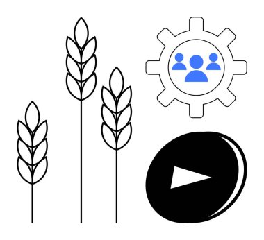 Tarım, takım çalışması, teknoloji, otomasyon, medya, büyüme. Buğday sapları, beyaz arka planda ikon çalma düğmesi olan teçhizatlar. Tarım ve takım çalışması kavramsal