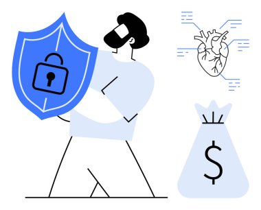 Kalkanı kilit simgesiyle tutan adam veri güvenliğini sembolize ediyor. Yanında mali varlıkları simgeleyen bir para çantası ve sağlık verilerini temsil eden dijital bir kalp var. Siber güvenlik ve veri için ideal