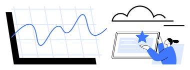 İş büyümesi, bulut hesaplaması, dijital öğrenme, analitik, profesyonel araçlar, sanal çalışma alanı. Grafik veri eğilimleri ve tabletle etkileşim halinde olan bir kişi. İş büyümesi ve bulut hesaplaması