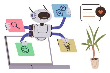 Otomasyon, çoklu görev, yapay zeka teknolojisi, yenilikçi çözümler, robotik, üretkenlik araçları. Simge arayışı, dünya ve fikirlerle görevleri tamamlayan bir robot. Otomasyon ve çoklu görev teknolojisi