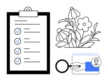 Görev yönetimi, verimlilik, doğa, web araması, kimlik tespiti, kişisel veri güvenliği. Kontrol işaretli bir pano, çiçekler büyüteç ve kullanıcı profili simgesi. Görev yönetimi