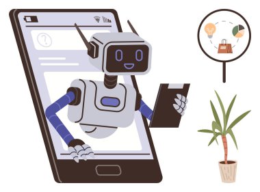 E-ticaret, yapay zeka teknolojisi, dijital iletişim, çevrimiçi perakende, iş analizleri, gelecekteki çözümler. Elinde tablet olan akıllı telefondan çıkan robot. E-ticaret ve yapay zeka teknolojisi