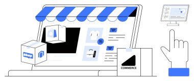 E-ticaret, çevrimiçi ticaret, dijital alışveriş, perakende satış teknolojisi, lojistik, ödeme çözümleri. Paketleri ve alışveriş arabası sistemi olan dijital mağaza önü. E-ticaret ve çevrimiçi iş kavramı