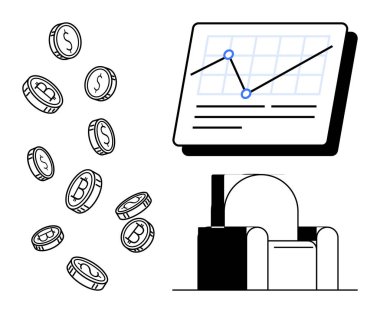 Dolar ve Bitcoin işaretli paralar, büyüme eğilimi ve ofis sandalyesi kurulumuyla birlikte analitik tablonun yanına düşer. Yatırım, finans, kripto para, ticaret, analitik, başarı ve teknoloji için idealdir. Basit.