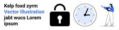 Güvenlik için kilitle, zaman için saat ve görev ve işlemleri yönetecek kişiyi göster. Güvenlik, zaman yönetimi, verimlilik, iletişim, rehberlik, eğitim için ideal basit iniş sayfası