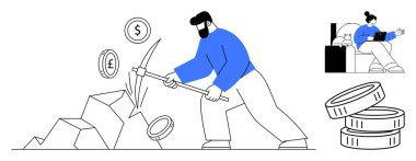 Kripto para birimi, finans, çevrimiçi ekonomi, engelleme zinciri, dijital yatırımlar, uzaktan çalışma. Dijital madeni para arayan biri ve dizüstü bilgisayarda çalışan biri. Kripto para birimi ve finans