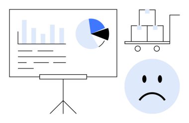İş düellosu Bir bar tablosu ve pasta grafiği analitiği ön plana çıkarırken, kutular ve üzgün yüz ifadeleri olan bir oyuncak bebek lojistik zorlukları tasvir ediyor. Analiz, lojistik, iş akışı, problem çözme için