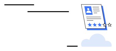 Görüntü, metin detayları ve yıldız değerlendirmesi içeren kullanıcı profili kartı en düşük çizgiler ve bir bulut üzerinde. Değerlendirmeler, performans ölçümleri, geri besleme sistemleri, işe alım, analiz, kalite için ideal
