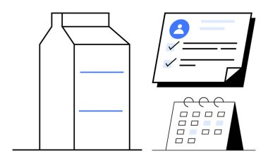 Etiketli satırları olan karton kutu, tamamlanmış görevleri olan kontrol listesi ve takvim. Planlama, program yönetimi, lojistik, görev öncelikleri, tedarik zinciri, üretkenlik basit düz metafor