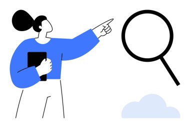 Tablet tutan kadın, altında küçük bir bulut olan büyük bir büyütece bakıyor. Araştırma, analiz, keşif, odaklanma, problem çözme amaçlı keşif için idealdir. Minimalist daire