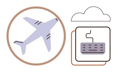 Havacılık teknolojisi, bulut depolama, dijital sistemler, veri paylaşımı, ulaşım lojistiği, yenilik. Bir daire içinde uçak, birbirine bağlı bulut ve klavye simgesi minimum tasarım. Havacılık teknolojisi