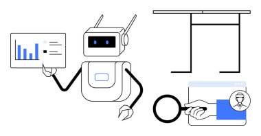 Yapay zeka, veri analizi, otomasyon, makine eğitimi, gelecek teknolojisi, robotlar. Robot veri tablosu ve büyüteçle etkileşime giriyor. Yapay zeka ve veri analizi