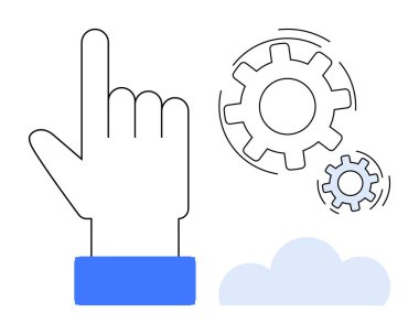 Teknoloji, otomasyon, bulut hesaplama, etkileşim tasarımı, yenilik, takım çalışması. Yukarı bakan bir el, hareket eden dişliler ve bir bulut. Teknoloji ve otomasyon kavramları açıkça gösterilmiştir