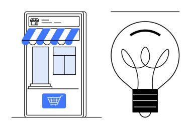 Çevrimiçi alışveriş, iş fikirleri, e-ticaret, yenilik, yaratıcılık, dijital pazarlama. Alışveriş arabası ikonu ve ampulü olan bir dükkan önü. Çevrimiçi alışveriş ve iş fikirleri