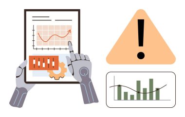 Veri analizi, risk yönetimi, yapay zeka teknolojisi, optimizasyon, makine öğrenimi, alarm sistemleri. Grafikleri tutan robot eller ve bir uyarı simgesi. Veri analizi ve risk yönetimi kavramı