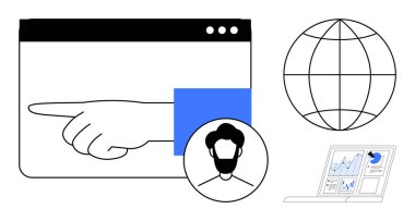 Çevrimiçi iletişim, kullanıcı kimliği, küresel ağ, web tasarımı, veri analizleri, dijital araçlar. Bir web sayfası işaretleyici, kullanıcı avatar küresi ve analitik çizelgesi. Çevrimiçi iletişim ve kullanıcı kimliği