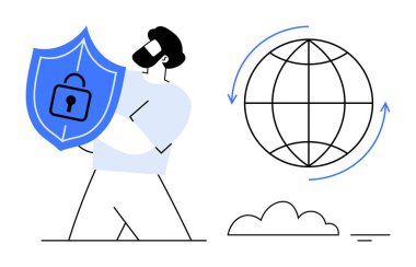 Siber güvenlik kavramı. Kilitli, küresel ve çevrimiçi güvenlikli bir kalkan oluşturun. Veri gizliliği, internet güvenliği ve ağ koruması için siber güvenlik. İnternet teknolojisi için ideal.