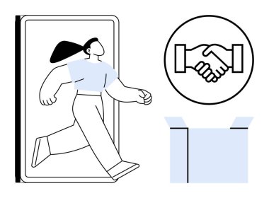 Dijital işbirliği. Akıllı telefon, teknoloji ve yenilik ile hareket eden bir insan, bir tokalaşma ikonu ile eşleştirilir. Takım çalışmasında dijital işbirliği, bağlantı, e-ticaret, profesyonel