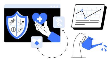 Kalkan, kalp, grafikler ve sulama sağlık, koruma, büyüme ve stratejik bakımı temsil edebilir. Sağlık ve sağlık sigortası için ideal. Analitik ilerleme, sürdürülebilirlik, düz metafor.
