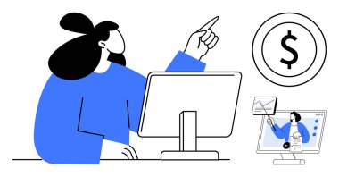 Finansal analiz. İş kadını masaüstü bilgisayarında çizelgeler ve finansal simgelerle etkileşime giriyor. Çevrimiçi ticaret, dijital ekonomi ve sanal istişarelerde finansal analizler. çevrim