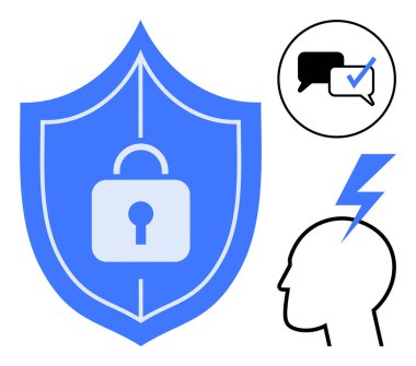 Mavi kalkanlı asma kilit, işaretli sohbet baloncukları, ve korunma gösteren yıldırımlı insan kafası, güvenli mesajlaşma, karar verme. Siber güvenlik, iletişim, veri için ideal