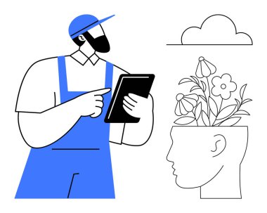 Tablet bitki bakımı yapan bahçıvan, çiçek açan çiçekli kafa şeklinde çömlek. Yenilik, büyüme, sürdürülebilirlik, farkındalık, yaratıcılık, doğa planlaması için idealdir. Basit düz metafor