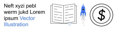 Yenilik, eğitim, finans, bilgi paylaşımı, iş büyümesi, girişimcilik. Roket fırlatma, basit tasarımda açık kitap dolar sembolü. Yenilik ve eğitim kavramları