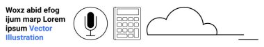 Technology, cloud storage, voice input, communication, data management, digital tools. Microphone, calculator and cloud symbol with text elements. Technology and cloud storage concept