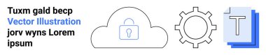 Data security, digital tools, cloud storage, cyber protection, settings management, text processing. Cloud with a padlock, gear icon text symbol. Data security and digital tools concept