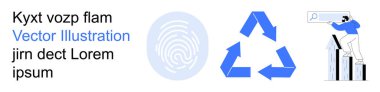 Data security, recycling, technology growth, eco-friendly solutions, business analysis, digital tools. Fingerprint icon, recycling symbol person analyzing growth. Data security and recycling