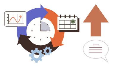 Zaman yönetimi, verimlilik, proje planlaması, hedef izleme, iş akışı optimizasyonu, iş büyümesi. Saat oklarla çevrili, takvim grafik konuşma balonu ve yukarı doğru ok. Zaman yönetimi