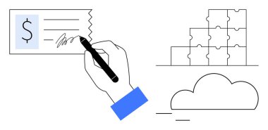 Finansal işlemler. Ödeme belgesini imzalayan bir el, bulmaca sembolleri problem çözme, ve bir bulut dijital depolama. Finansal çözümler, bulut teknolojisi, ödemeler, bankacılık, veri yönetimi