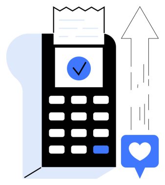 E-ticaret, temassız ödemeler, dijital işlemler, iş verimliliği, online alışveriş, finansal teknoloji. Faturalı, işaretli ve kalp ikonlu ödeme terminali. E-ticaret ve dijital