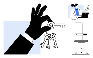 Security, business strategy, remote work, data access, professional tools, collaboration. A hand holding keys, an office chair and a professional at a laptop. Security and business strategy concepts