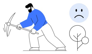 Ormanların yok edilmesi konsepti. Ağaçları kesen bir adamla ormanların yok edilmesi ve üzgün bir çevre endişesi. Ormanların yok olması doğayı, sürdürülebilirliği ve küresel farkındalığı etkiler. Ekonomi kampanyaları için.