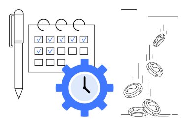 Zaman yönetimi, finansal planlama, verimlilik, görev organizasyonu, programlama, verimlilik. Kontrol işaretli bir takvim, saati olan bir vites ve düşen paralar. Zaman yönetimi ve mali planlama