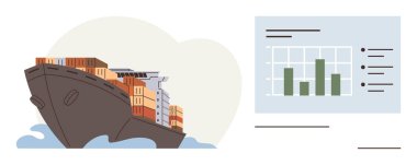 Lojistik yönetimi, küresel ticaret, nakliye analitiği, nakliye ulaşımı, tedarik zinciri optimizasyonu, kargo takibi. Kargo gemisi konteynırları taşıyor ve istatistikleri gösteriyor. Lojistik