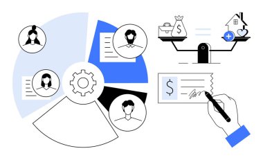 İş konsepti. Takım işbirliğini, mali dengeyi ve sözleşme imzalamayı gösteren iş unsurları. Proje yönetimi, finans ve görev dağılımı için iş akışı. Şirket için ideal.