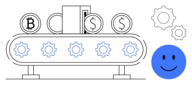 Para birimi dönüştürme konsepti. Vites otomasyonlu taşıma bandında Bitcoin ve dolar sembolleri. Para birimi dönüşümü dijital süreçler yoluyla düzenlenmiştir. Finans, fintech, engelleme zinciri, çevrimiçi
