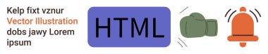 Dijital iletişim, web geliştirme, bildirimler, alarm sistemleri, kullanıcı arayüzü, teknoloji. Boks eldiveni ve alarm çanı simgelerinin yanında HTML mesajı. Dijital iletişim ve ağ geliştirme