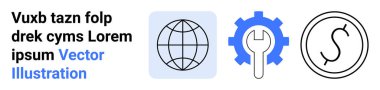 Küresel iletişim, teknik bakım, kurumsal araçlar, çevrimiçi finans, dijital sistemler, mühendislik. Küre, anahtar ve finansal sembollü teçhizat. Küresel iletişim ve teknik