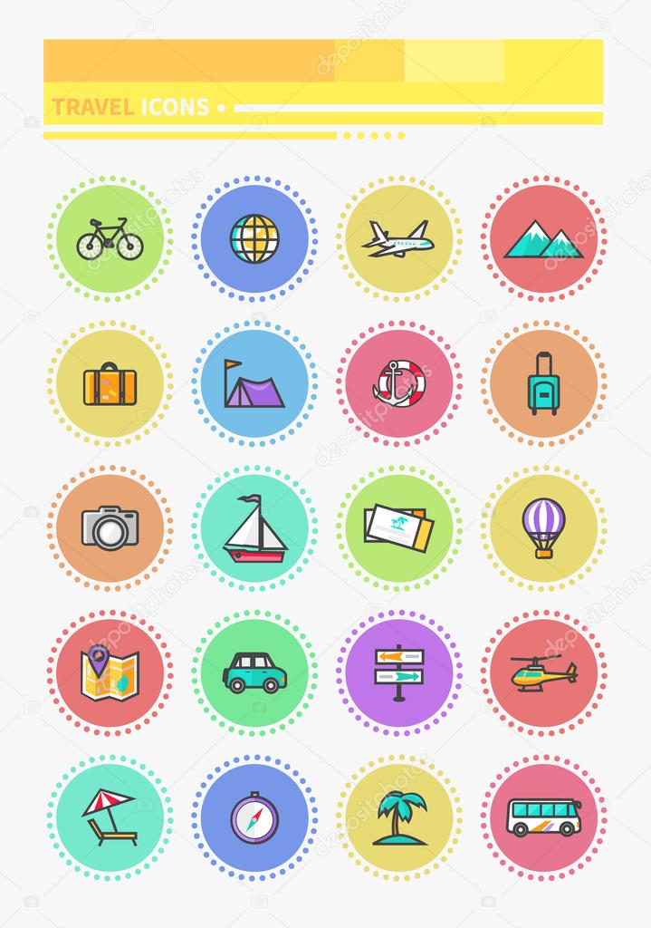 Set of thin lines icons of traveling, planning a summer vacation, tourism and journey objects and passenger luggage in flat design. Different types of travel. Business travel concept