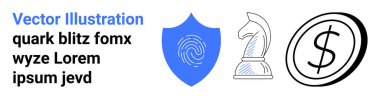 Data security, financial planning, strategic thinking, identity protection, business decisions, cybersecurity. A fingerprint shield, chess knight and dollar coin icons. Security and financial