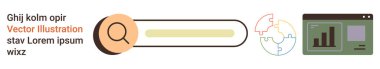 Veri analizi, problem çözme, araştırma, arayüz tasarımı, takım çalışması, istatistik. Arama çubuğu, bulmaca parçaları ve analitik gösterge paneli. Veri analizi ve problem çözme kavramı
