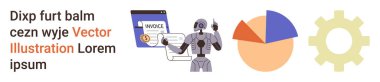 İş otomasyonu, veri analizi, yapay zeka entegrasyonu, teknoloji yeniliği, robot bilimi, modern iş akışları. Faturalı araç izleme ekranlı robot, pasta grafikleri simgesi. İş otomasyonu