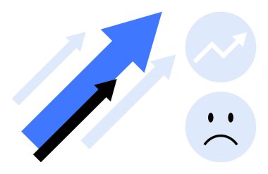 Business growth. Blue and black upward arrows signify business growth and performance. Contrasting icons depict success, data insights, and challenges. For market analysis, statistics, business