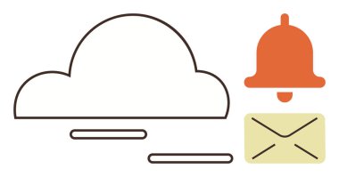 İletişim, veri depolama, bildirimler, e-posta uyarıları, bulut hesaplama, dijital mesajlaşma. Minimalist bulut, çan ve zarf simgeleri uyarılar ve mesajlar. Bildirimler ve Dijital İletiler