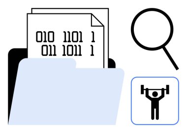 İkili kodlanmış dokümanlar, büyüteç ve halterci simgesiyle klasörü aç. Teknoloji, araştırma, veri yönetimi, dosya depolama, siber güvenlik analiz gücü için ideal. Basit düz
