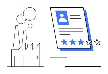 Duman yığınları ve profil fotoğrafı, metin ve yıldız reytingleri içeren özgeçmişi olan bir fabrika binası. İşe alım, endüstri notları, istihdam, insan kaynakları, performans değerlendirmesi, iş piyasası için ideal